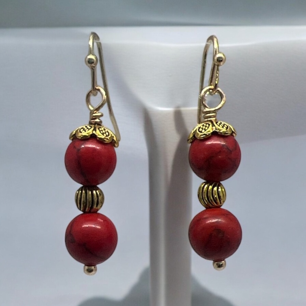 Handmade Rich Red and Gold Dangling Earrings